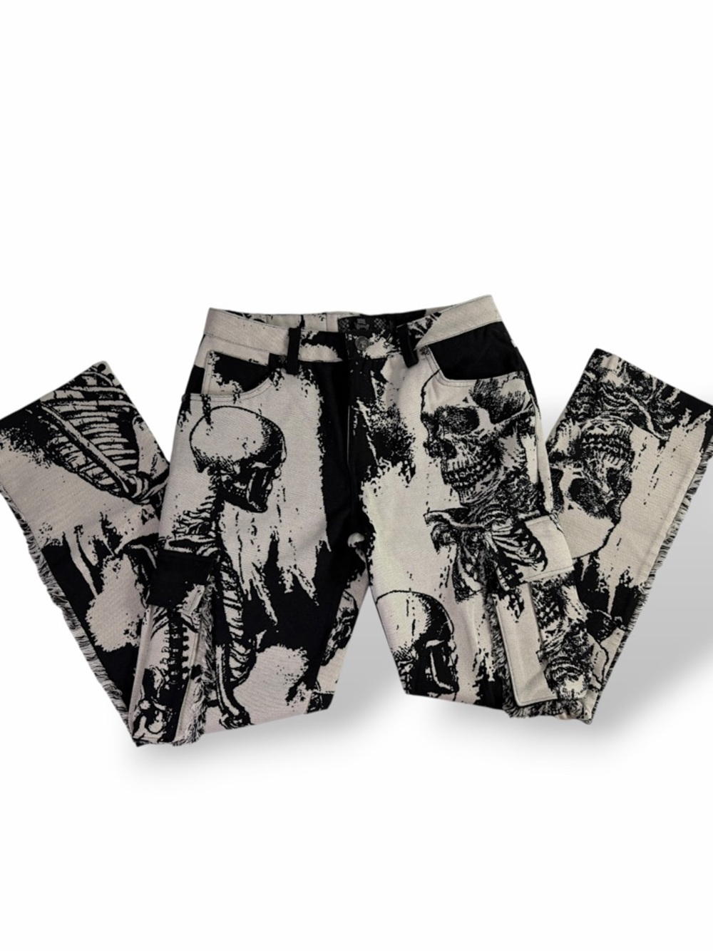 Rebel Vengeance Skeleton Tapestry Cargo Pants Goth Punk Streetwear Fringe Sz 30